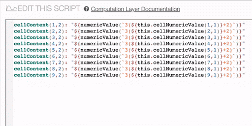 A gif of a Computation Layer script window showing several lines of cellContent sinks in a table component. The variable