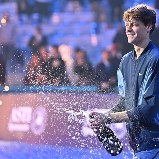 epa11726488 Jannik Sinner of Italy celebrates winning against Taylor Fritz (unseen) of the USA during their final match at the ATP Finals in Turin, Italy, 17 November 2024. EPA/Alessandro Di Marco