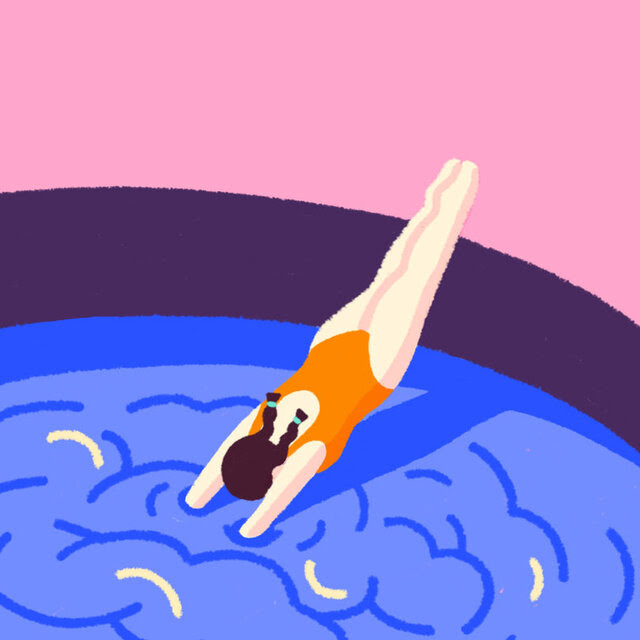 An illustration of a person diving into a swimming pool that's in shape of a person's profile. The person is diving into the brain region which is defined by blue and white waves. 