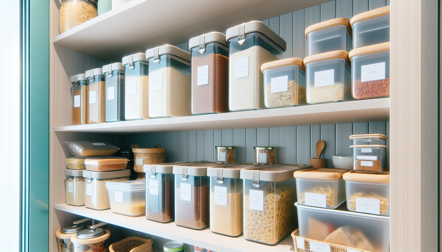 A well-organized pantry with labeled storage containers and clear bins