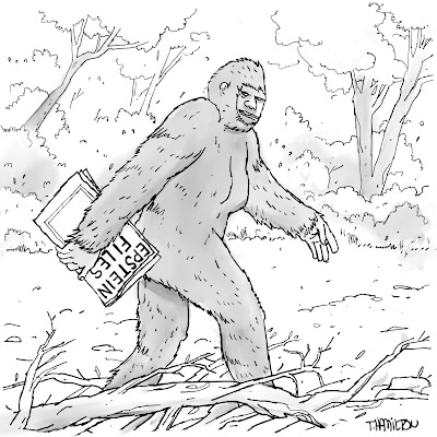 Bigfoot walks through the forest, holding a folder labelled “Epstein Files.”