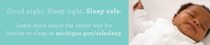 Safe Sleep Message with image of sleeping baby