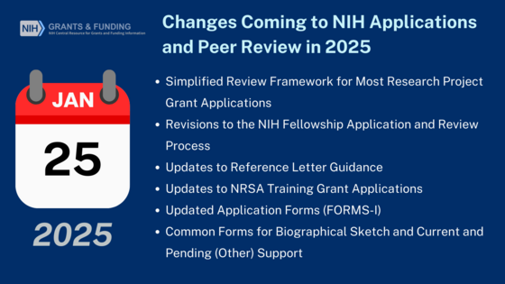 Graphic with calendar icon (Jan. 25, 2025) reading “Changes Coming to NIH Applications and Peer Review in 2025” with details below