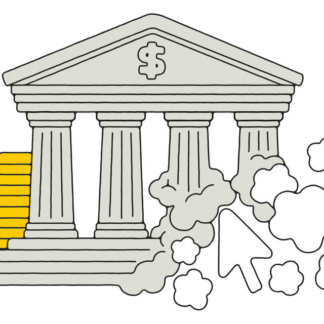 An illustration shows the facade of a building with a colonnade and a money sign crumbling from one corner, surrounded by clouds and a large computer mouse cursor.