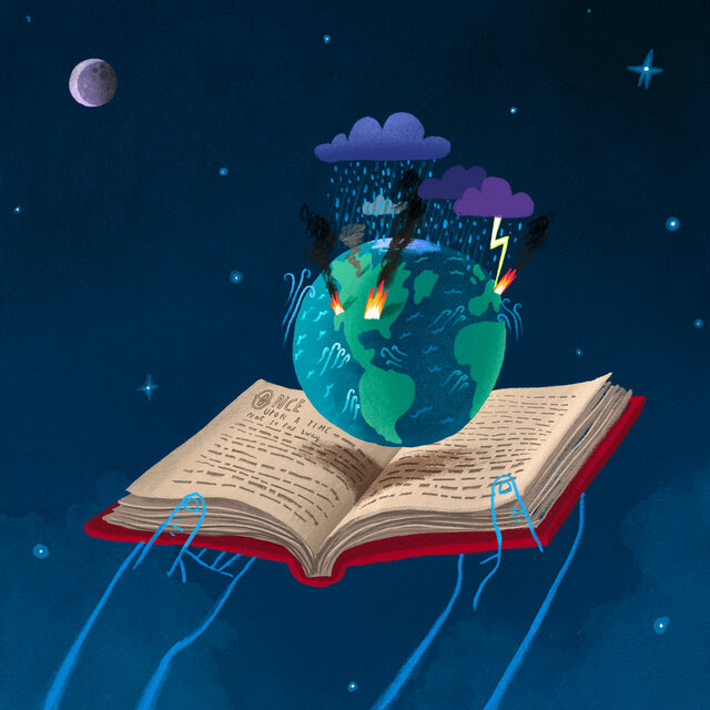 An illustration of the earth partially on fire with dark clouds and rain falling on it. Underneath, two hands hold open a book.