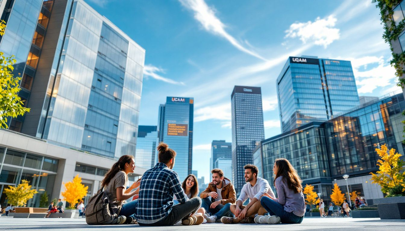 Un groupe d'étudiants discutant sur le campus de l'UQAM.