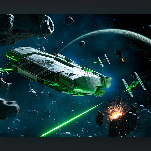 An image of The Trailblazer starship being chased by TIE Fighter ships in an asteroid field in space.