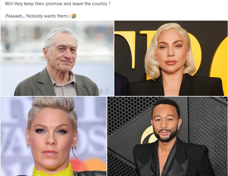 Hypocrites: celebrities who say they will leave country if Trump is elected and never do so.