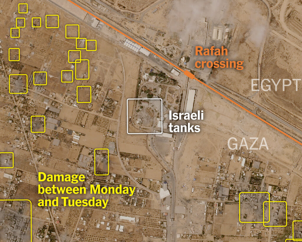 A satellite image from Rafah shows the positions of Israeli tanks shortly after they took over the border crossing.