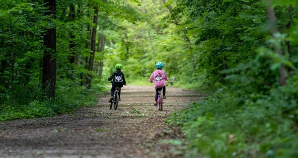 two little kids in blue and pink jackets and helmets ride their bikes down a leaf-covered trail in a lush, green forest