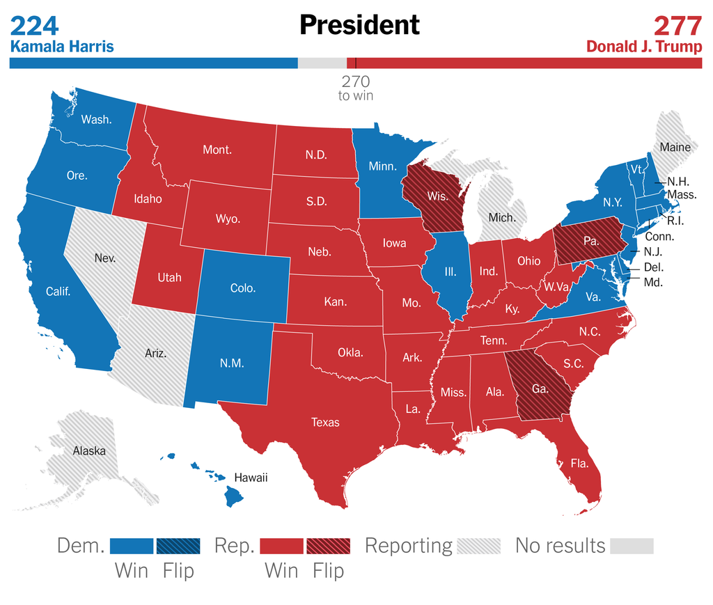 Map showing election results. Each state is colored blue or red based on whether Harris or Trump won the state.