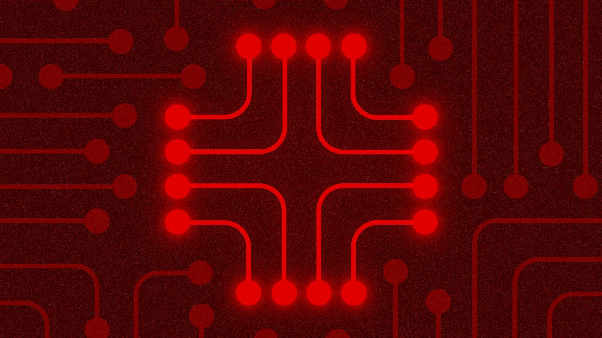 an illustration of a circuitboard with a red-cross-shaped section illuminated