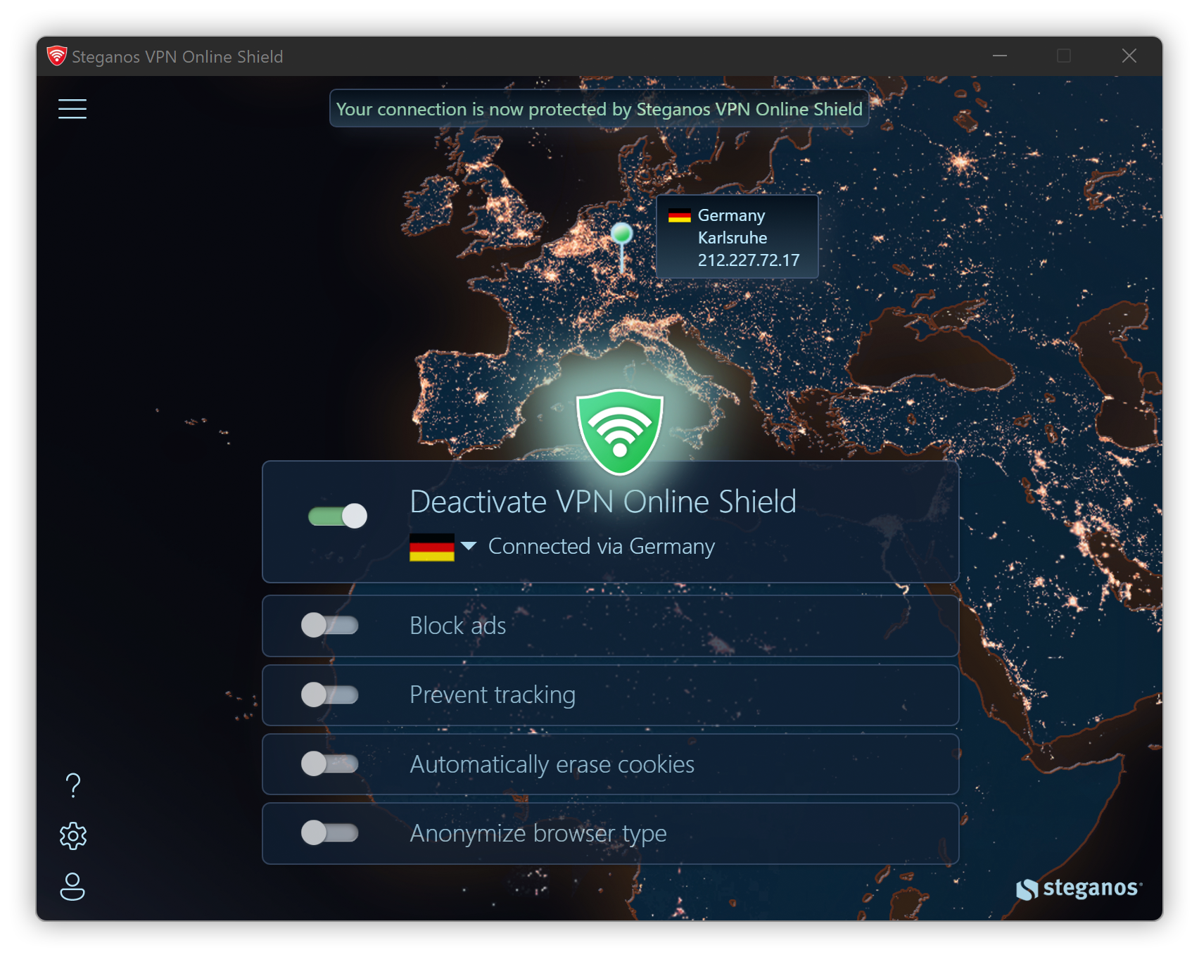 Steganos VPN Online Shield Dark Theme Screenshot