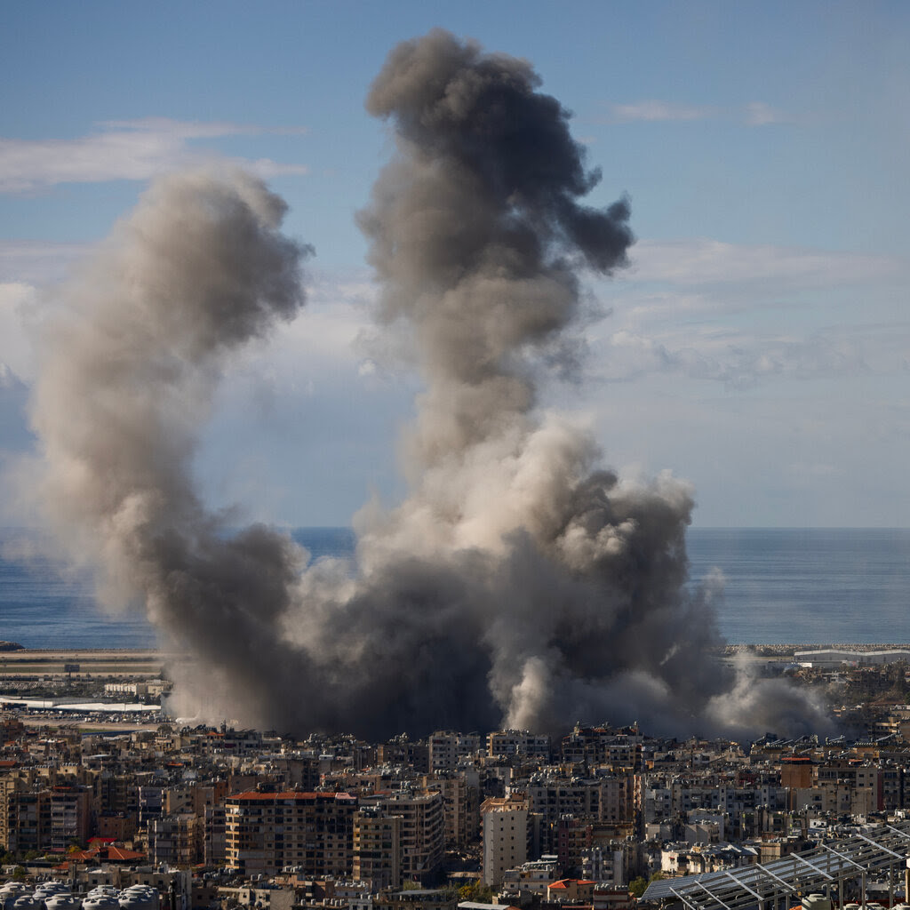 Smoke from Israeli airstrikes billowed up from southern Beirut yesterday.