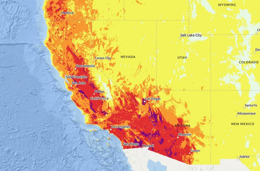 A heat map of the Western United States. All of California is in "orange" or "red" and "purple"