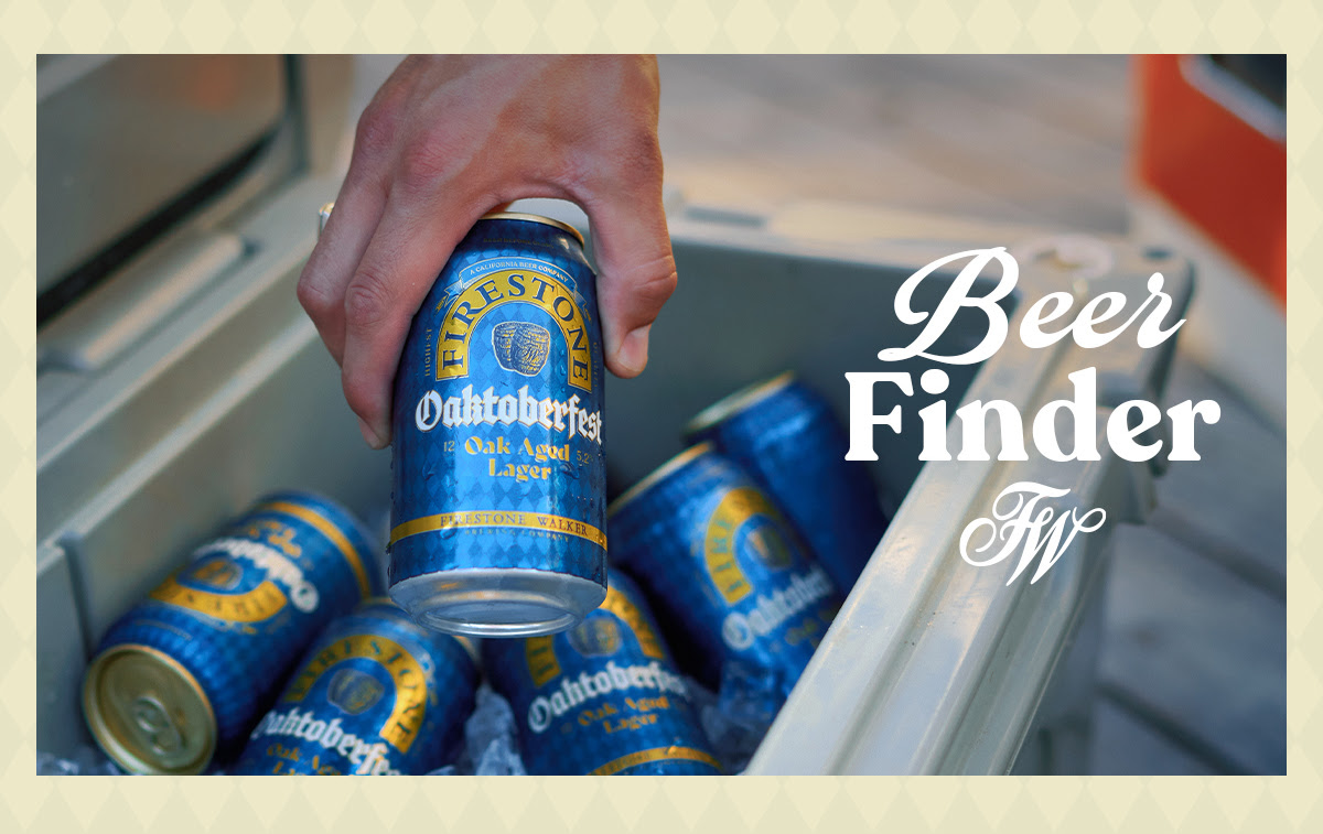 Image shows a person holding an Oaktoberfest beer in front of an ice chest. Click here to use our online beer finder and find Oaktoberfest and other Firestone Walker beers near you.