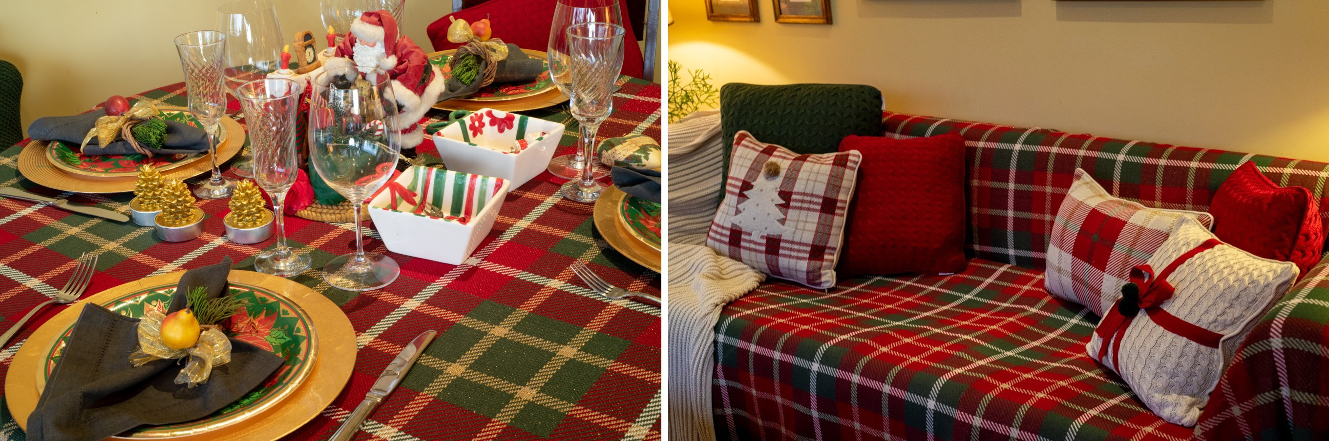 Toalha de mesa, capas para almofadas e mantas para sofá da Decortrico são sugestões para deixar a casa toda em clima de Natal / Divulgação