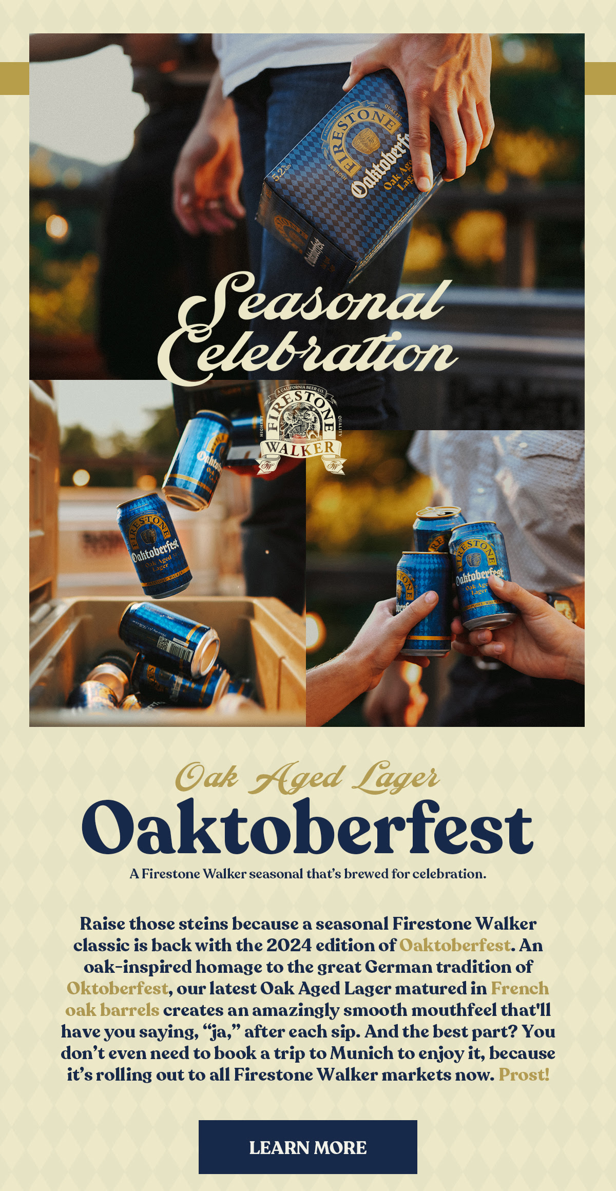 The image is for Firestone Walker's "Oaktoberfest," an Oak Aged Lager that is part of their seasonal offerings. The text promotes the 2024 edition of Oaktoberfest, describing it as an oak-inspired homage to the German tradition of Oktoberfest. The beer is aged in French oak barrels, resulting in a smooth mouthfeel, and is available in Firestone Walker markets. Click here to find out more.