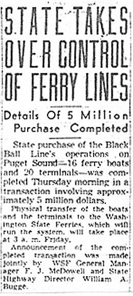 Screenshot of an old newspaper article headlined "State takes control of ferry lines"