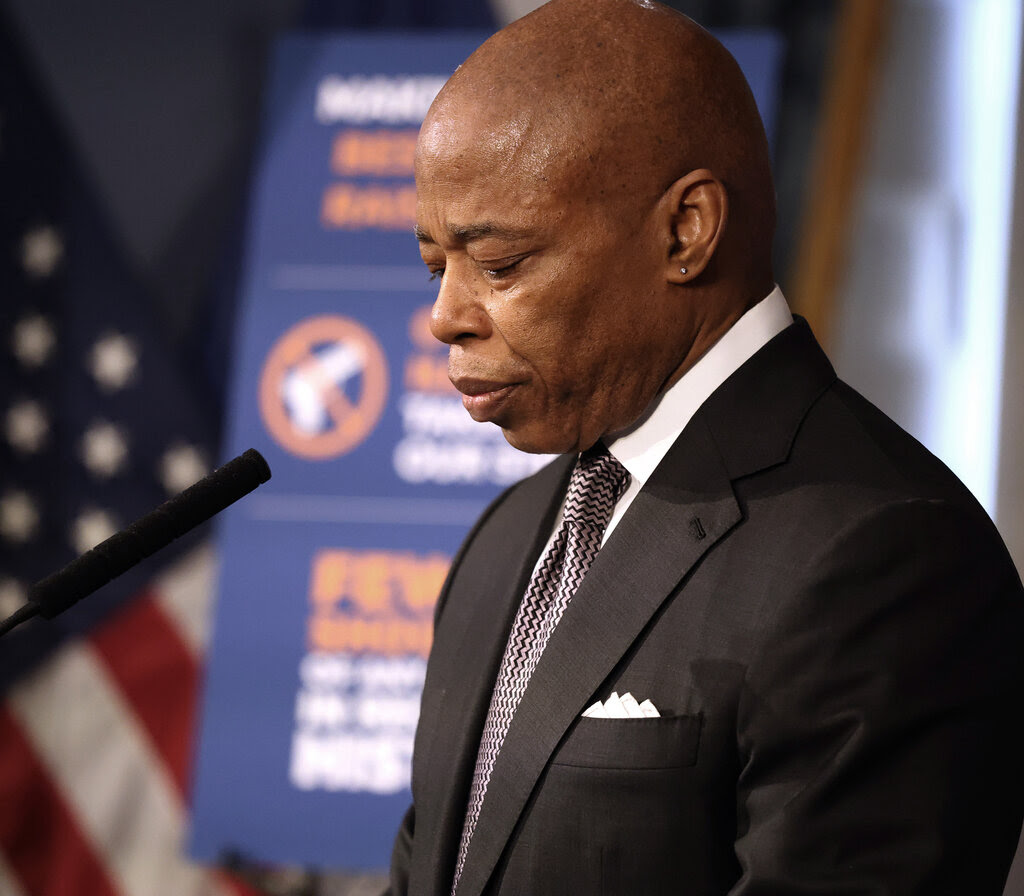 Mayor Eric Adams glances downward during a recent news conference at City Hall.