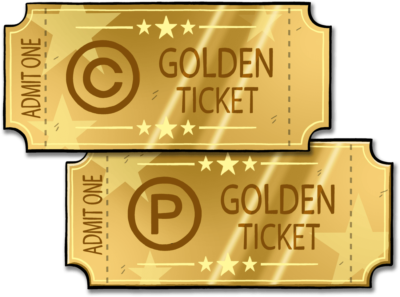 Two golden concert tickets with copyright symbols for sound recordings and musical compositions