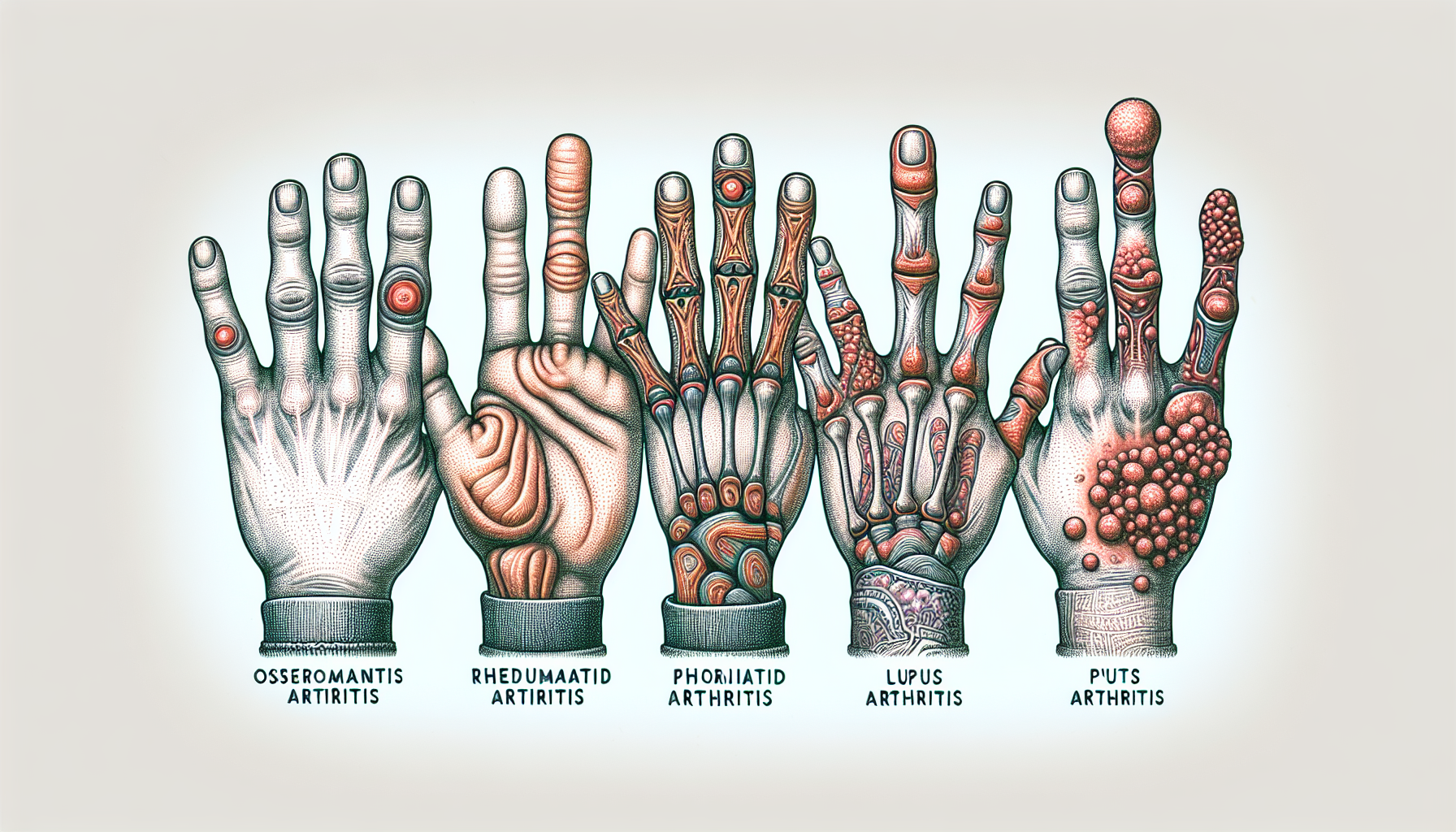 Illustration of types of arthritis affecting fingers