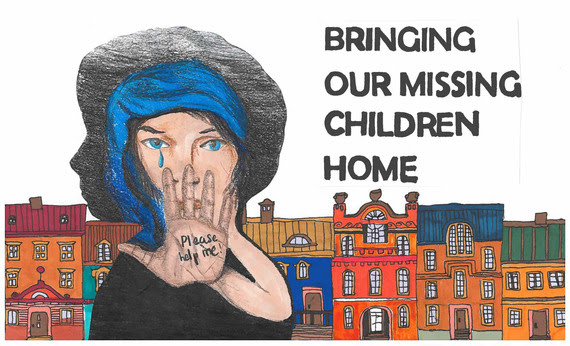 Poster of child in front of houses with words "Bringing Our Missing Children Home." 