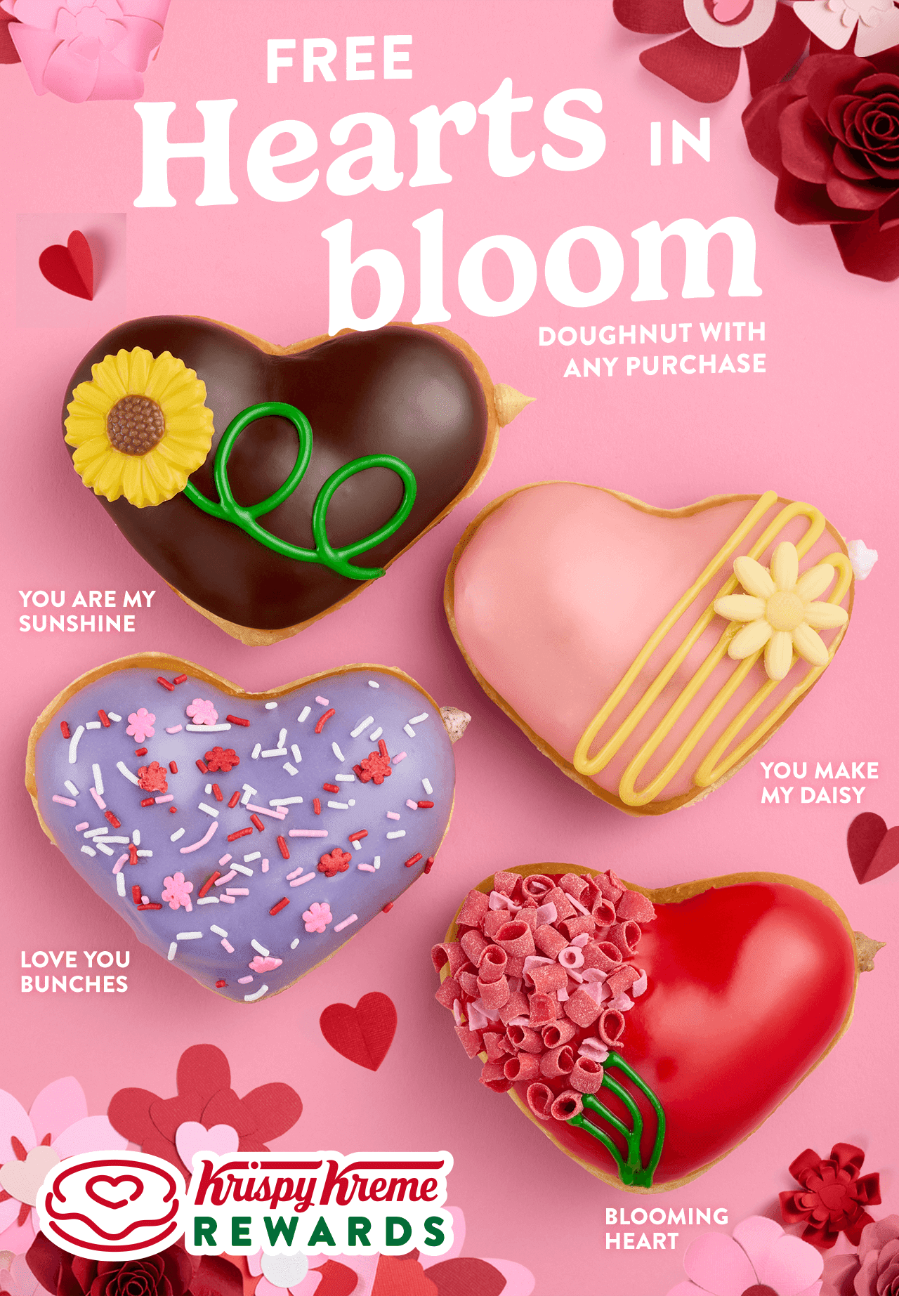 Rewards Members can enjoy a FREE Hearts in Bloom Doughnut today!