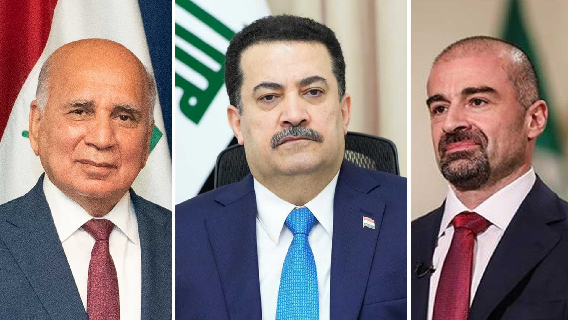 Iraqi Foreign Minister Fuad Hussein (left), Iraqi Prime Minister Mohammed Shia al-Sudani (middle) and PUK leader Bafel Talabani. (Photo: Designed by Kurdistan24)