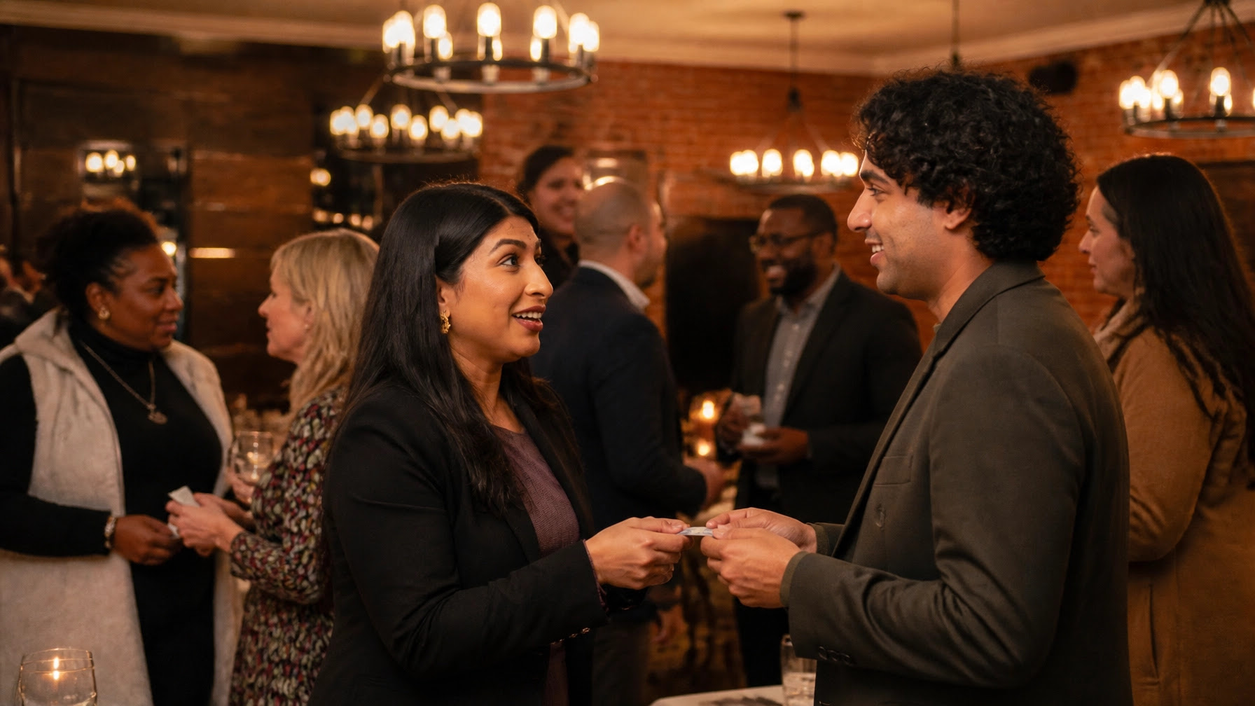 Culturally diverse entrepreneurs building meaningful relationships at a warm LeadTribes networking dinner