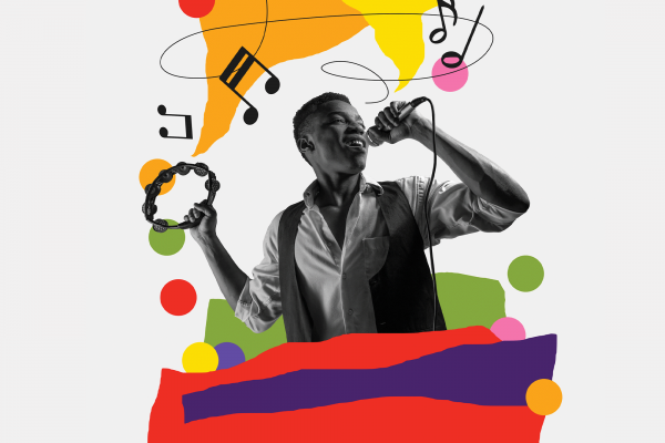 Black and white photo of man singing with a microphone and tambourine surrounded by colorful abstract circles, music notes, and banners. 