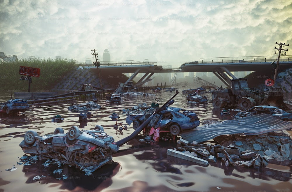 Ruines de la ville inondée. Paysage apocalyptiqueConcept d’illustration .3d