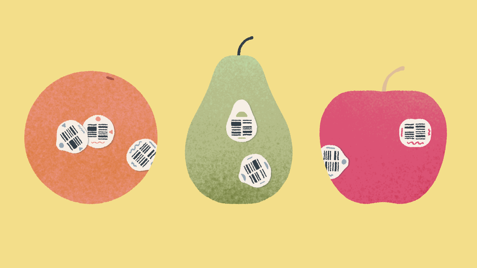 Uma captura de tela de A Little to the Left mostrando três frutas cobertas de adesivos
