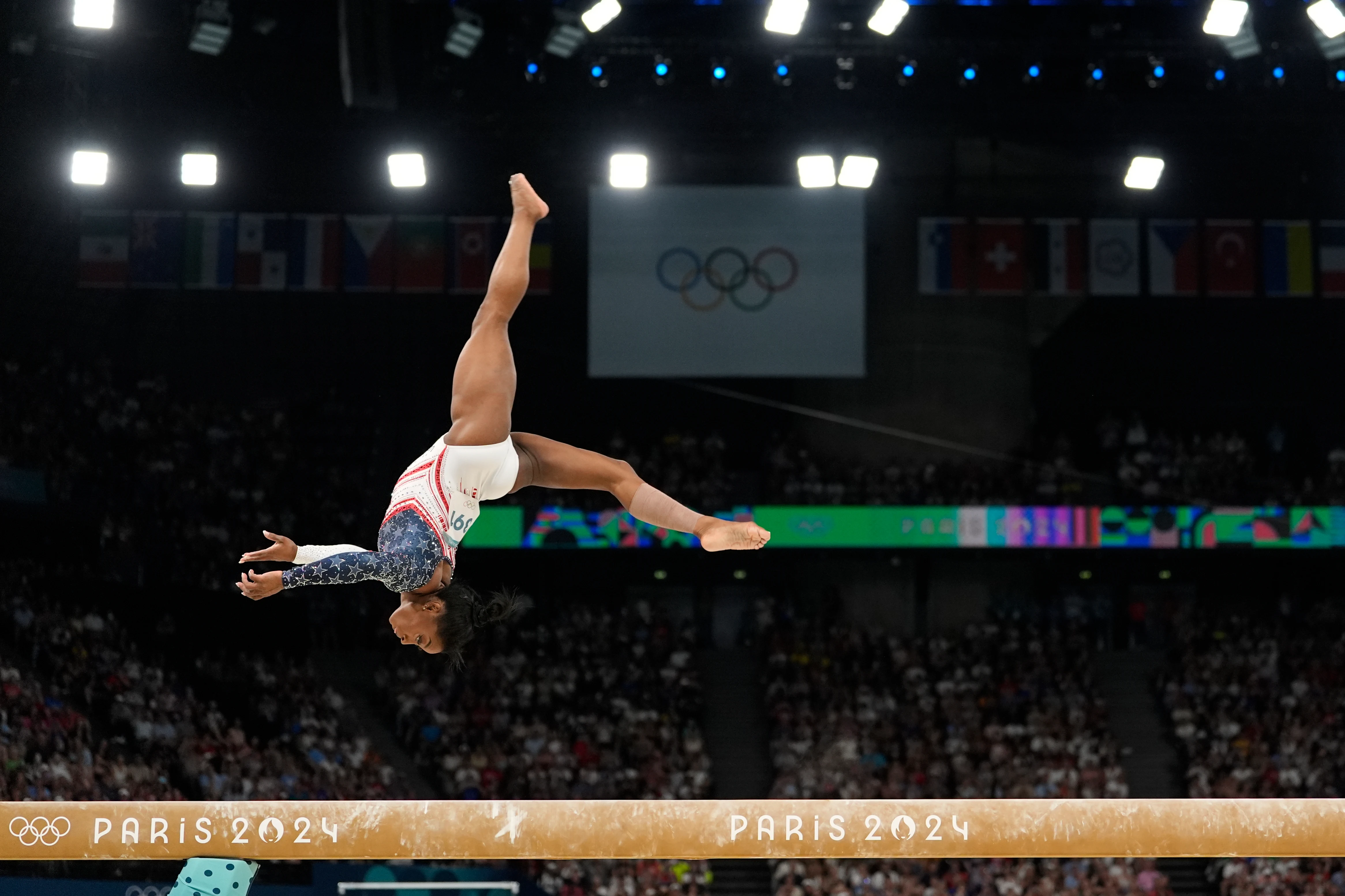 Simone Biles, of the United States, performs on the balance beam on Tuesday.