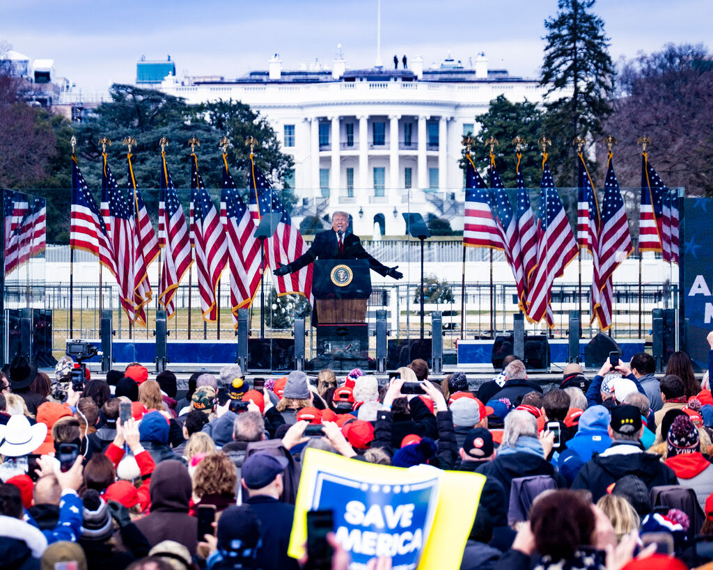 Former President Donald Trump speaking before a crowd on the ellipse grounds in front of the white house on Jan. 6, 2021.