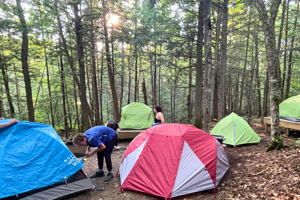 Several camping tents set up around a wooded camping area with young adults setting up.