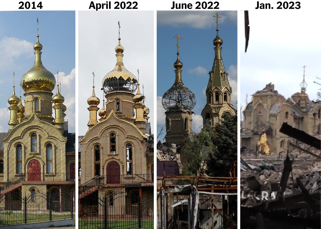 Four images in different time showing the progress of destruction of the Cathedral of Kazan in Marinka. 