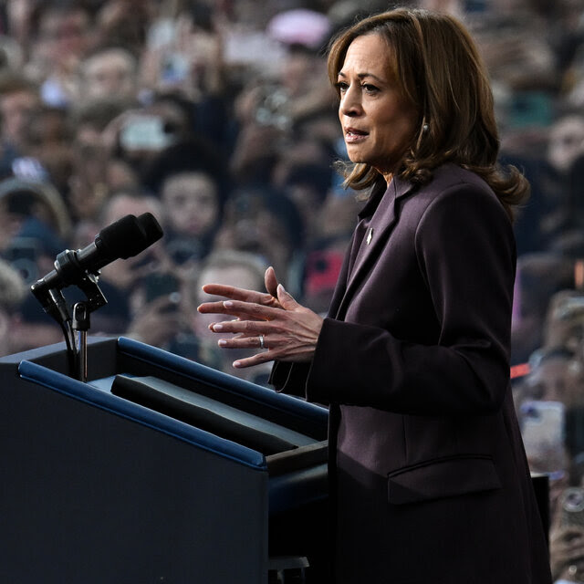 Kamala Harris speaking at a lectern with a large crowd of people in the background.