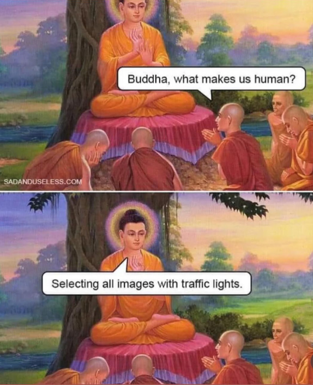 Buddha meme anseering question regarding what makes us human. The answer is answer which boxes contain traffic lights.