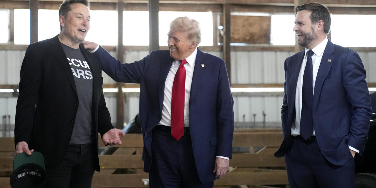 Tesla and SpaceX CEO Elon Musk, from left, Republican presidential nominee former President Donald Trump and Republican vice presidential nominee Sen. JD Vance, R-Ohio, attend a campaign event at the Butler Farm Show, Saturday, Oct. 5, 2024, in Butler, Pa. (AP Photo/Alex Brandon)
Donald Trump