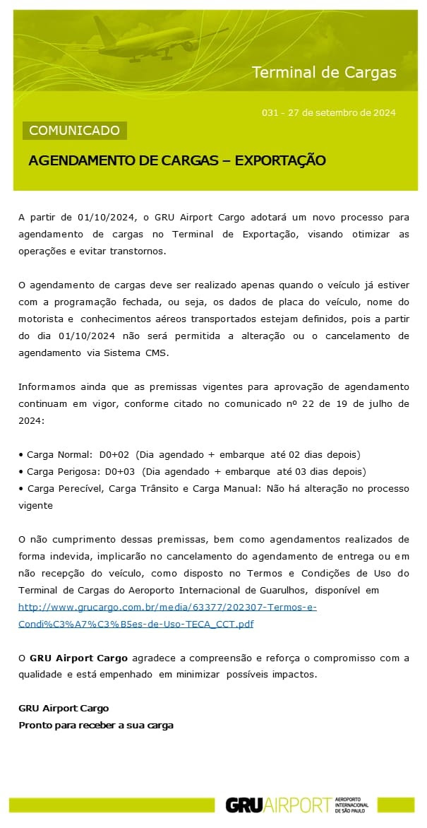 COMUNICADO GRU - AGENDAMENTO DE CARGAS - EXPORTAÇÃ