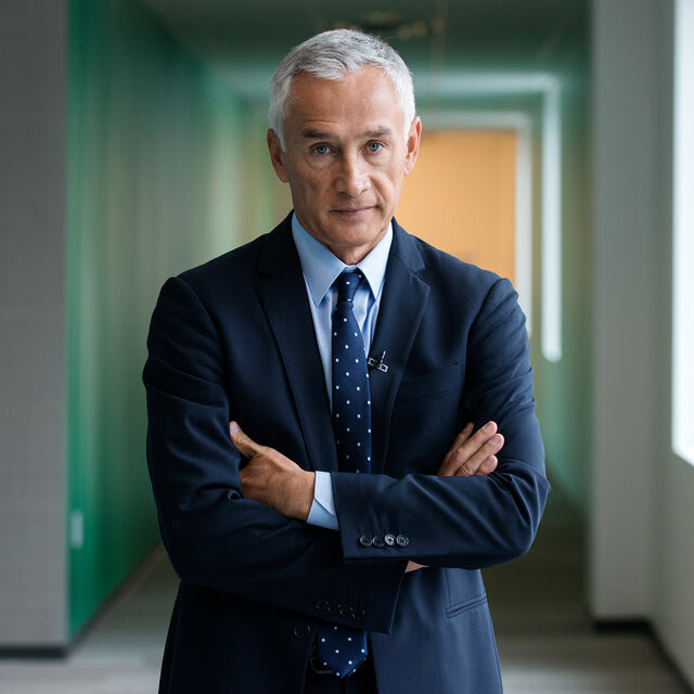 Jorge Ramos, wearing a tie and navy blue jacket, stands with his arms crossed in front of him. 