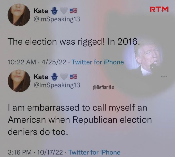 Classic hypocrite Kate claimes 2016 was rigged and condemns those who say 2020 was rigged.