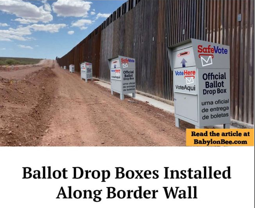 Meme showing ballot boxes at US border wall.