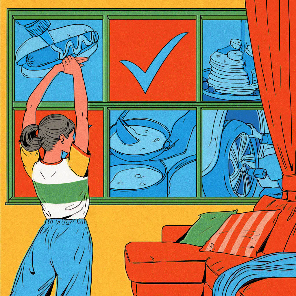 An illustration shows a woman stretching before a large display with images of weekend activities, like making soup and eating pancakes.