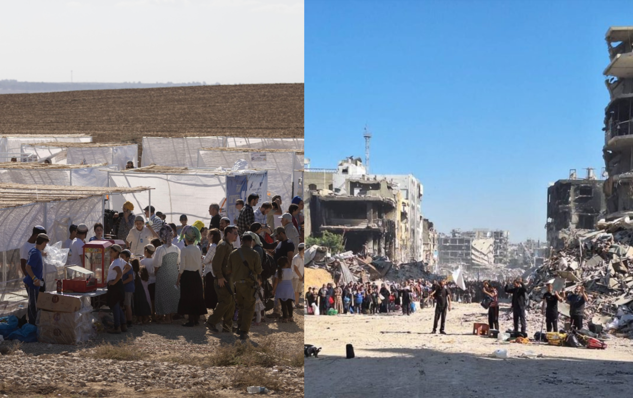 Left: Israeli settlers gather at an event celebrating Sukkot near the Gaza Strip, calling for annexation and resettlement, October 21, 2024. (Oren Ziv) Right: Displaced Palestinians line up at gunpoint in the ruins of Jabalia refugee camp. (Used in accordance with Clause 27a of the Copyright Law)