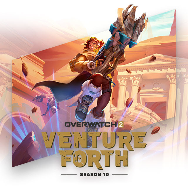 New Overwatch hero Venture leaping out of the ground and into the air with their drill-like weapon. Overwatch 2 Season 10: Venture Forth logo overlay.