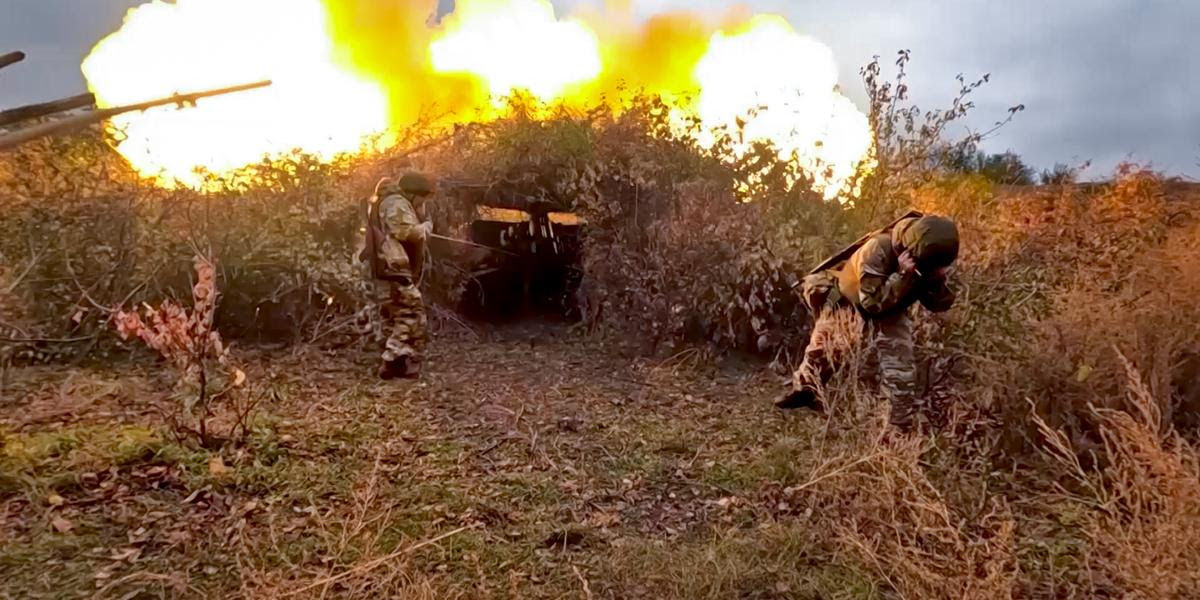 In this photo taken from video distributed by Russian Defense Ministry Press Service on Wednesday, Oct. 30, 2024, Russian soldiers fire a 152 mm gun Giatsint-B from their position at an undisclosed location in Ukraine. (Russian Defense Ministry Press Service via AP)