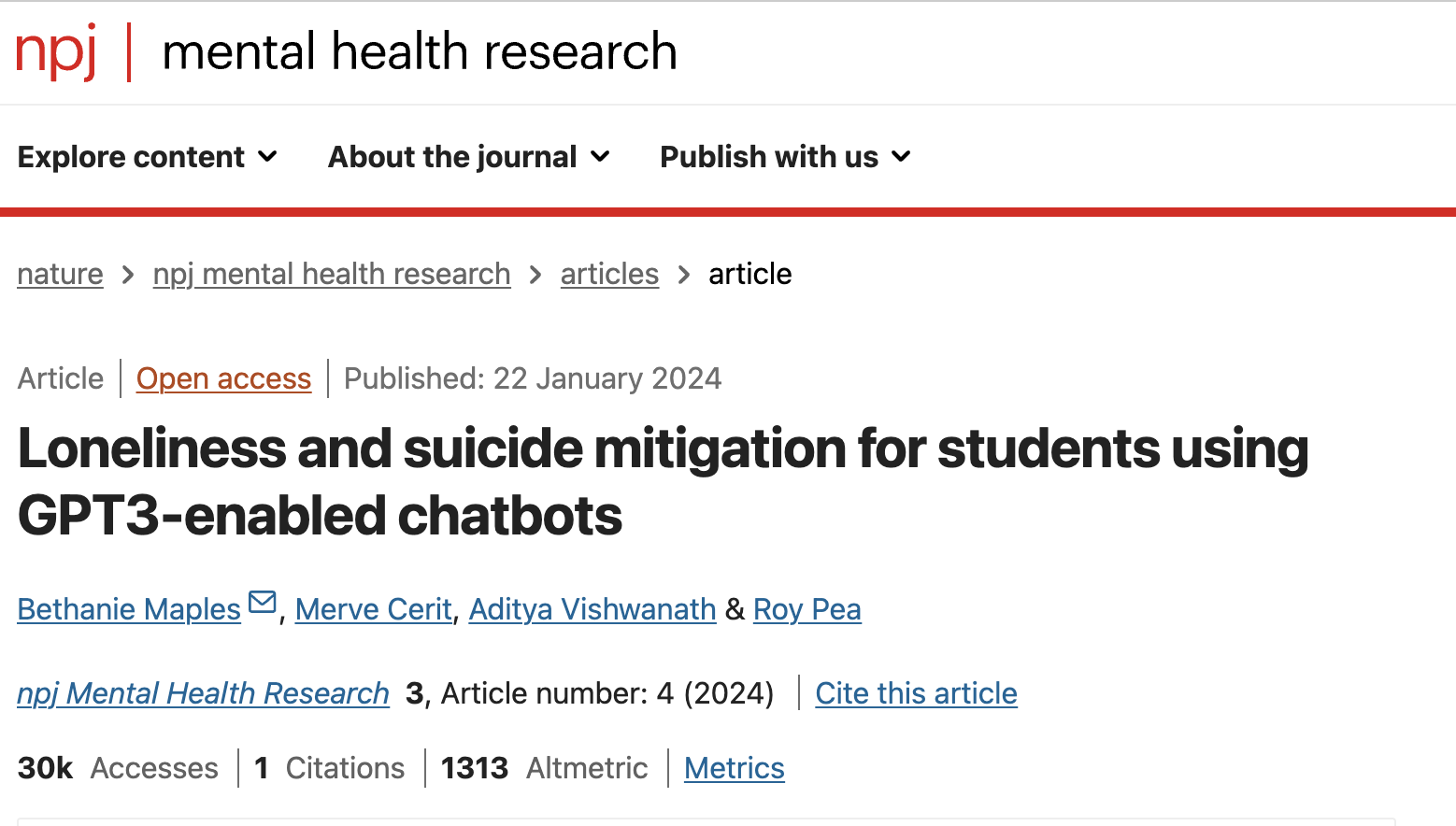 title of research paper: loneliness and suicide mitigation for students using GPT-3-enabled chatbots