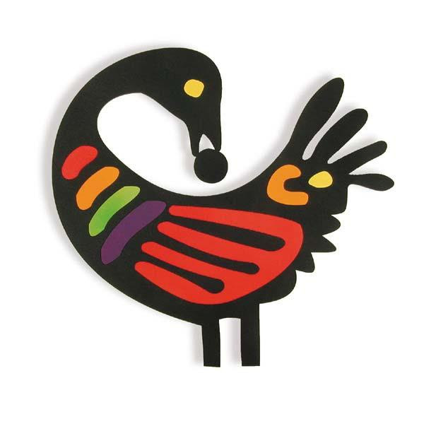 Design of a bird in black outlines with different colours
